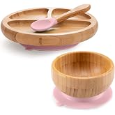 Toddler Bamboo Plates, Bowls and Spoon Set, Wooden Feeding Utensils for Infant&rsquo;s Easy Self Eating at 1 Stage, Stay Put Silicone Suction Plate and Bowl and Soup Spoon for Baby Led Weaning