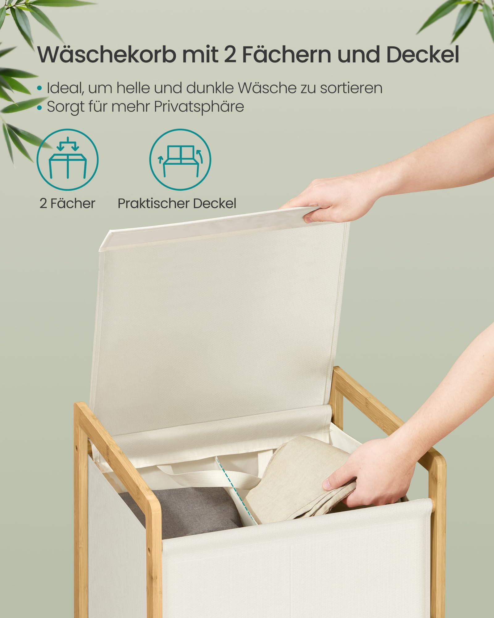 SONGMICS Wäschekorb 2 Fächer, Wäschesammler mit Bambusrahmen, verstärkter und abnehmbarer Deckel, Wäschesack abnehmbar, Wäschesortierer 100 L, cremeweiß RLH102WD01 3