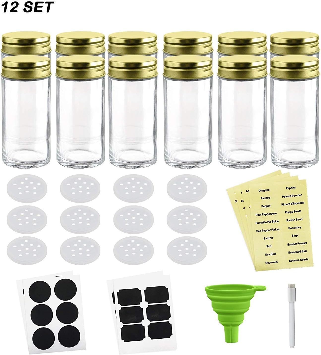 Nellam French Round Glass Spice Jars Set of 12 with