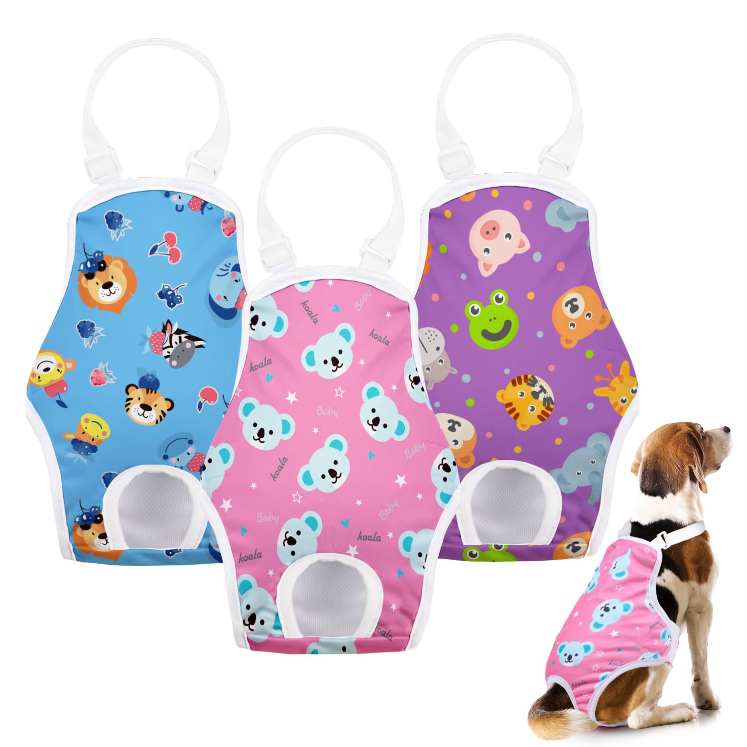 Photo 1 of Docuwee Dog Diapers Sanitary Panties with Adjustable Suspender, 3 Pack Washable Dog Period Diapers, Reusable Doggie Underwear for Puppy in Heat (Lion Koala Monkey, XL)