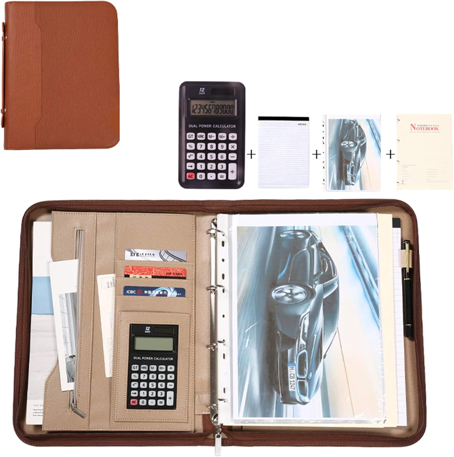 Leather Portfolio Binder, Zippered Padfolio with Handle, Calculator