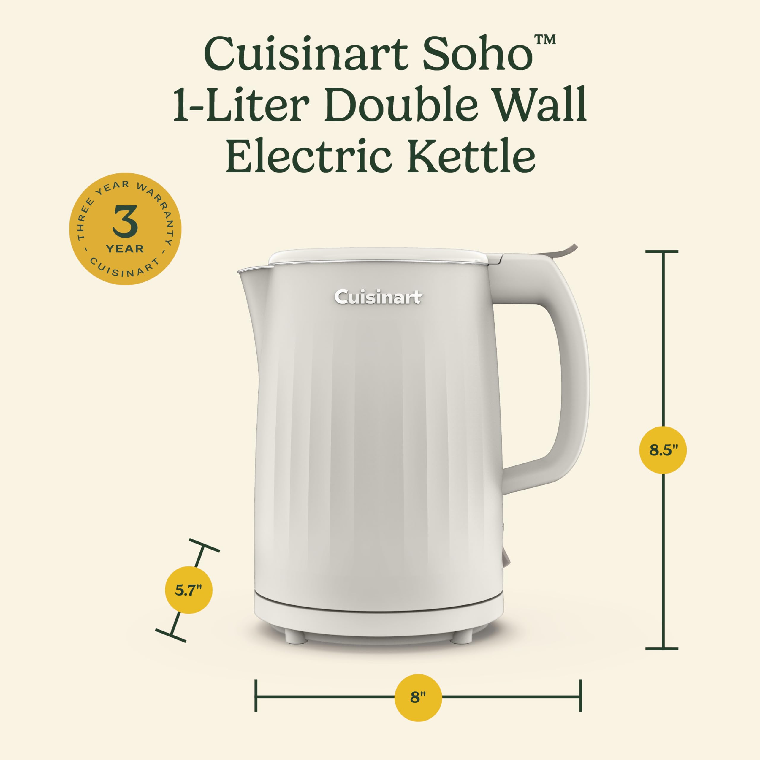 Cuisinart Soho 1-Liter Double Wall Electric Hot Water Kettle, Tea Kettle with Stainless Steel Interior, One Touch Operation to Boil Water for Tea, Hot Cocoa, or Instant Oatmeal, CK-10TR, Truffle