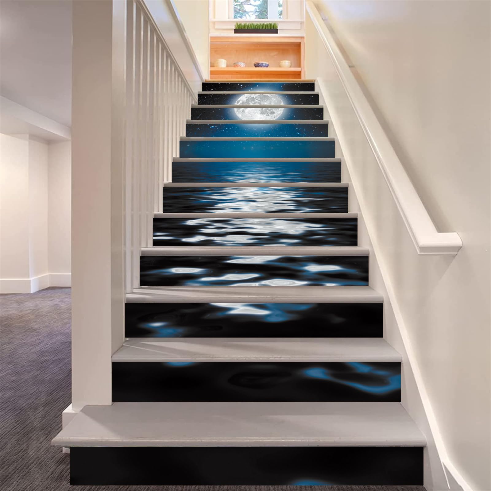 FLFK 13Pcs Bright Moonlight at Sea Staircase Sticker Peel and Sick 39.37"x7.08",Self-Adhesive Stair Risers Stickers Decals Mural Wallpaper for Home Decor