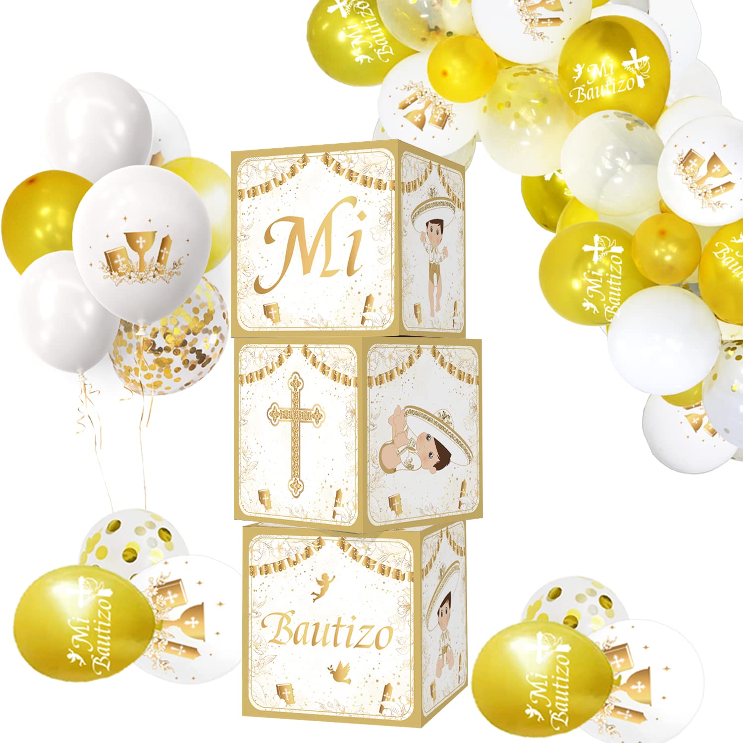 Photo 1 of ***MINOR DAMAGE TO SOME OF THE BOXES*** Mexico Mi Bautizo Boxes Decorations Stereoscopic Gold Mi Bautizo Boy Baptism Boxes With Balloons for Boy God Bless,Baptism Party Decoration Christening Photo Background Baby Boy First Holy Communion