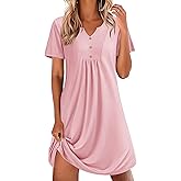 Ekouaer Nightgowns for Women Cotton Night Gowns Pleated Nightshirts Henley V Neck Sleepshirts Short Sleeve Sleepwear Pink X-Large