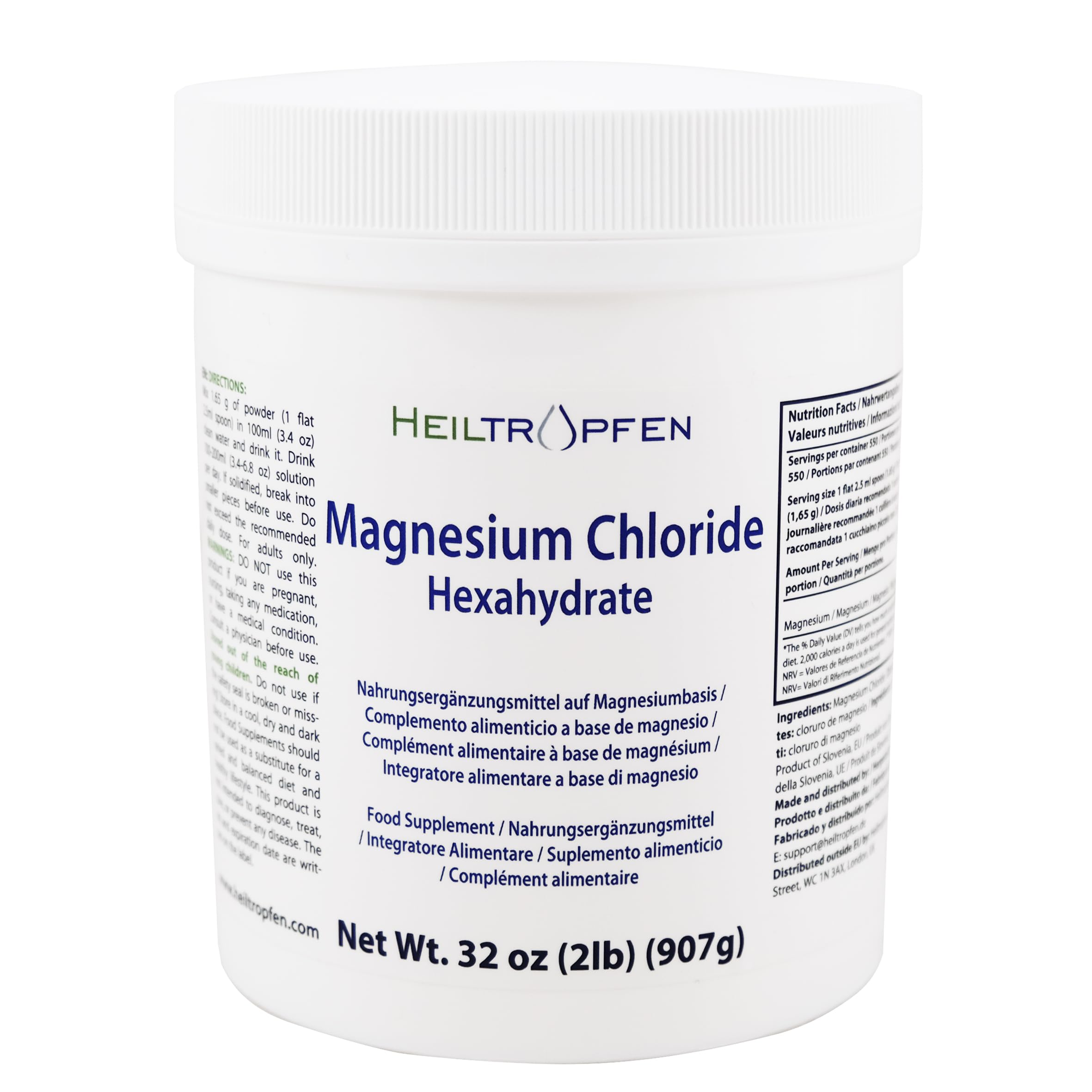 2 Pounds / 907 g Magnesium Chloride Powder | Hexahydrate | Pharmaceutical Grade Ingredients | Crystal Powder | Pure Ph. EUR., BP, USP, 100% - Muscle Pain Relief | Third-Party Tested | Heiltropfen®