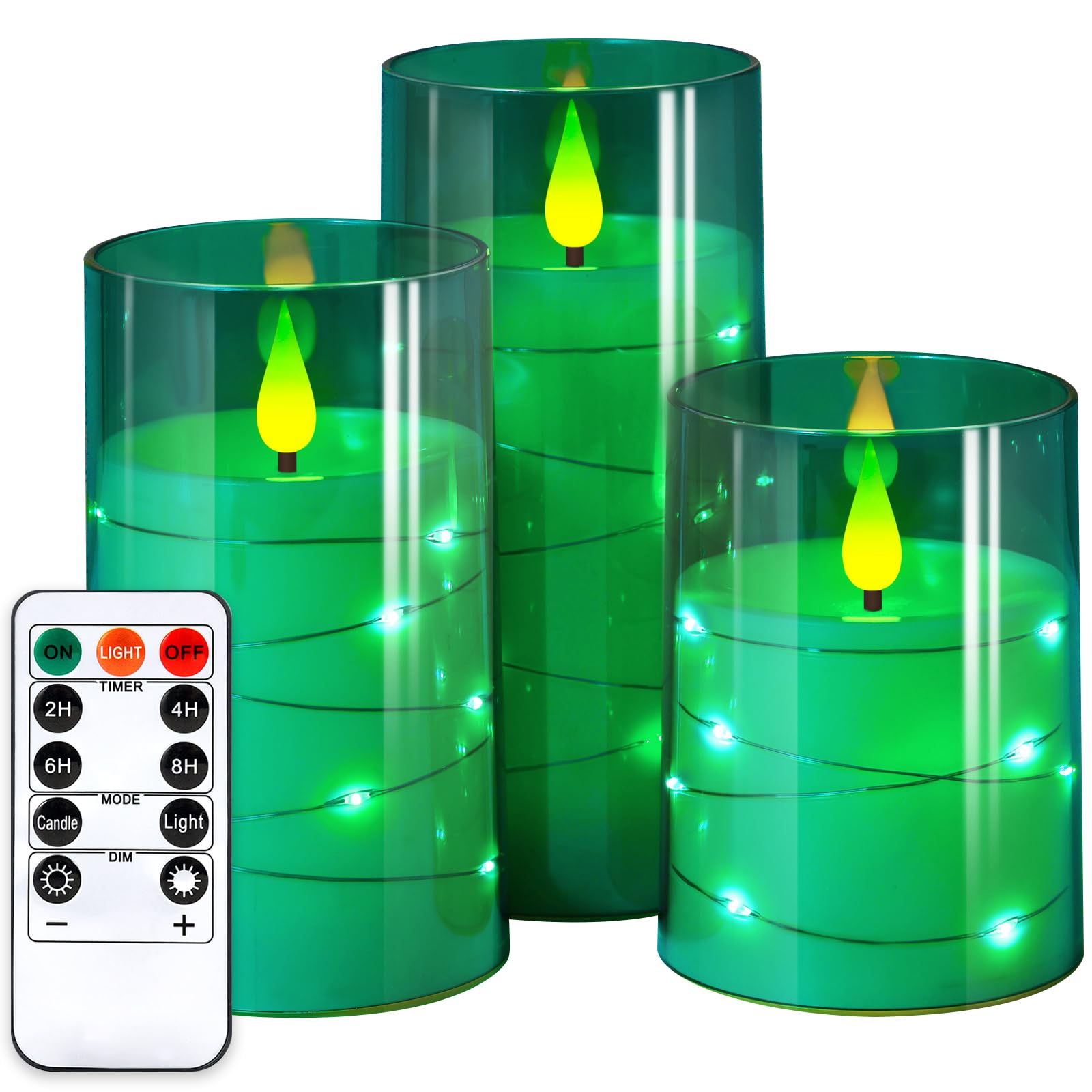 Photo 1 of NURADA Flickering Flameless Candles: Built-in Star String Acrylic Battery Operated LED Pillar Candles with Remote and Timer for Home Party Weddings Christmas Halloween Decor -Green 3 Pack