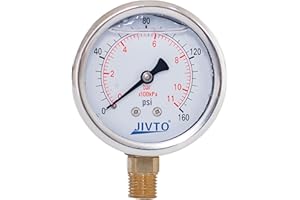 JIVTO Pressure Gauge,Glycerin Liquid Filled,2-1/2" Dual Scale Dia,0-160 psi/bar/kpa,1/4" NPT Male Brass Connection,Lower Mount, Stainless Steel Case,for Pneumatic,Pump,Hose,Well Tank,Gas Air Water Oil