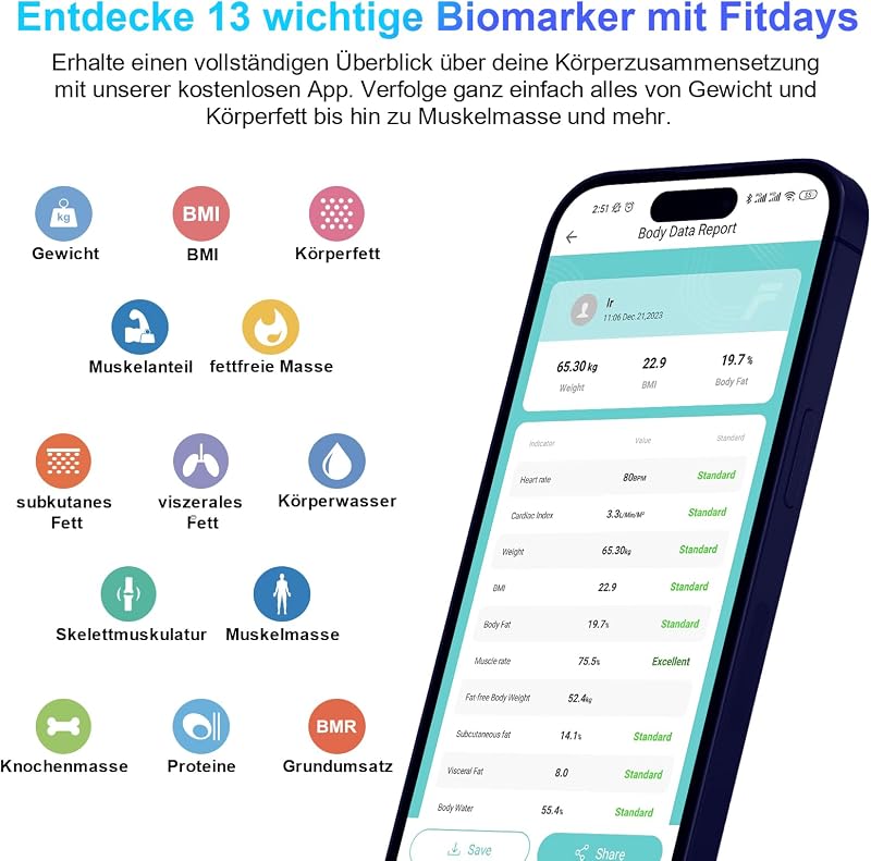 Intelligente Körperfettwaage mit 13 Körperzusammensetzungs-Messwerten, Intelligente Digitale Personenwaage Kompatibel mit iOS und Android, Max. 400 lb/180 kg, 26 × 26 cm