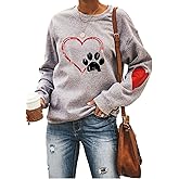 XIWUKOD Love Heart Dog Paw Sweatshirts Dog Mom Pullover Tops Women Long Sleeve Sweater Blouse
