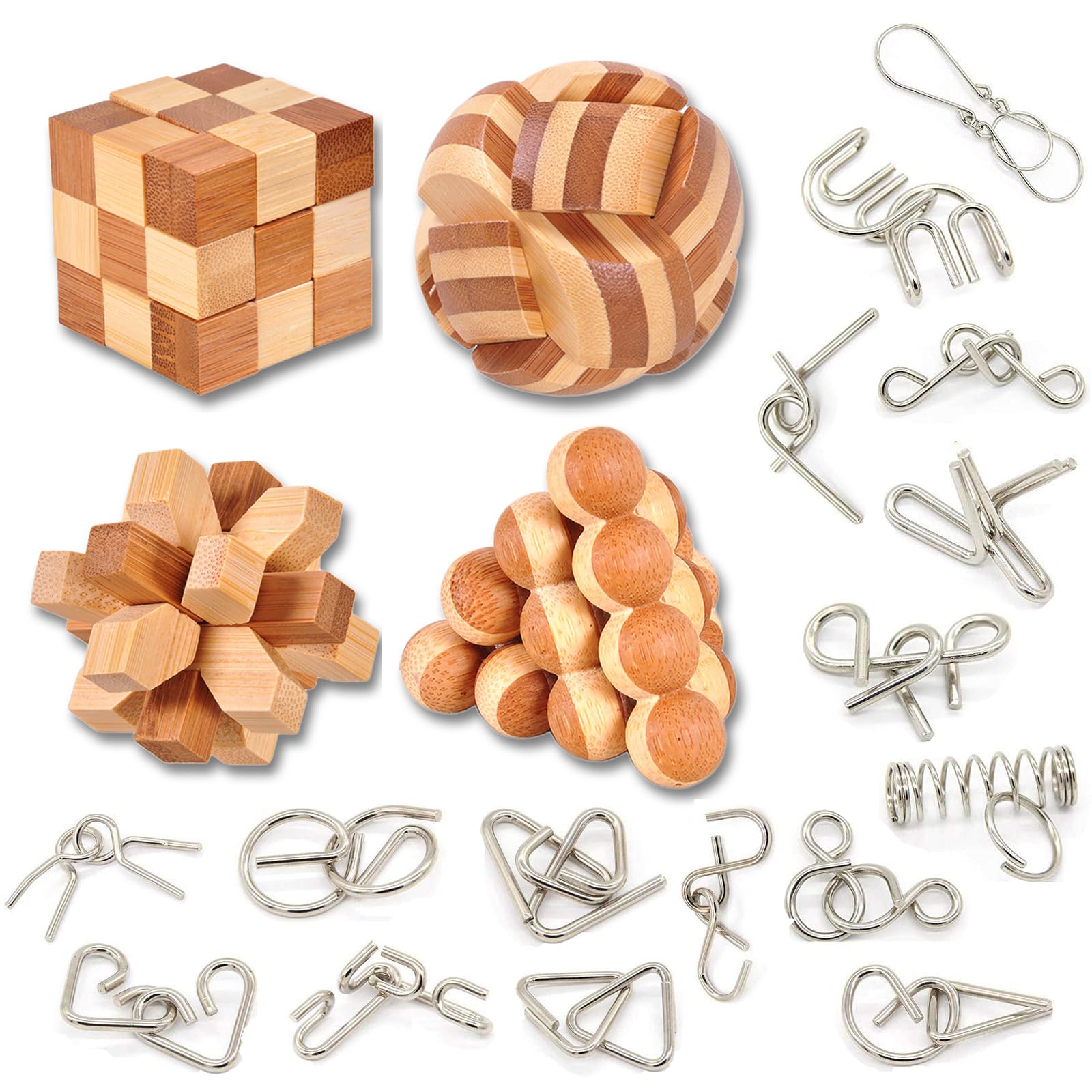 WishesMar 20 Pcs Wooden Brain Teaser Puzzles and Metal Wire Brain Teaser Set Logic Mind Educational Toy - Assembly Disentanglement Puzzles Interlocking Lock Games Gift for Kids and Adults - Set #3
