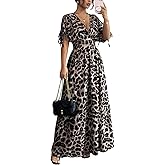 OYOANGLE Women's Summer Casual Bohemian Leopard Print Short Sleeve V Neck Cheetah Long Maxi Dress