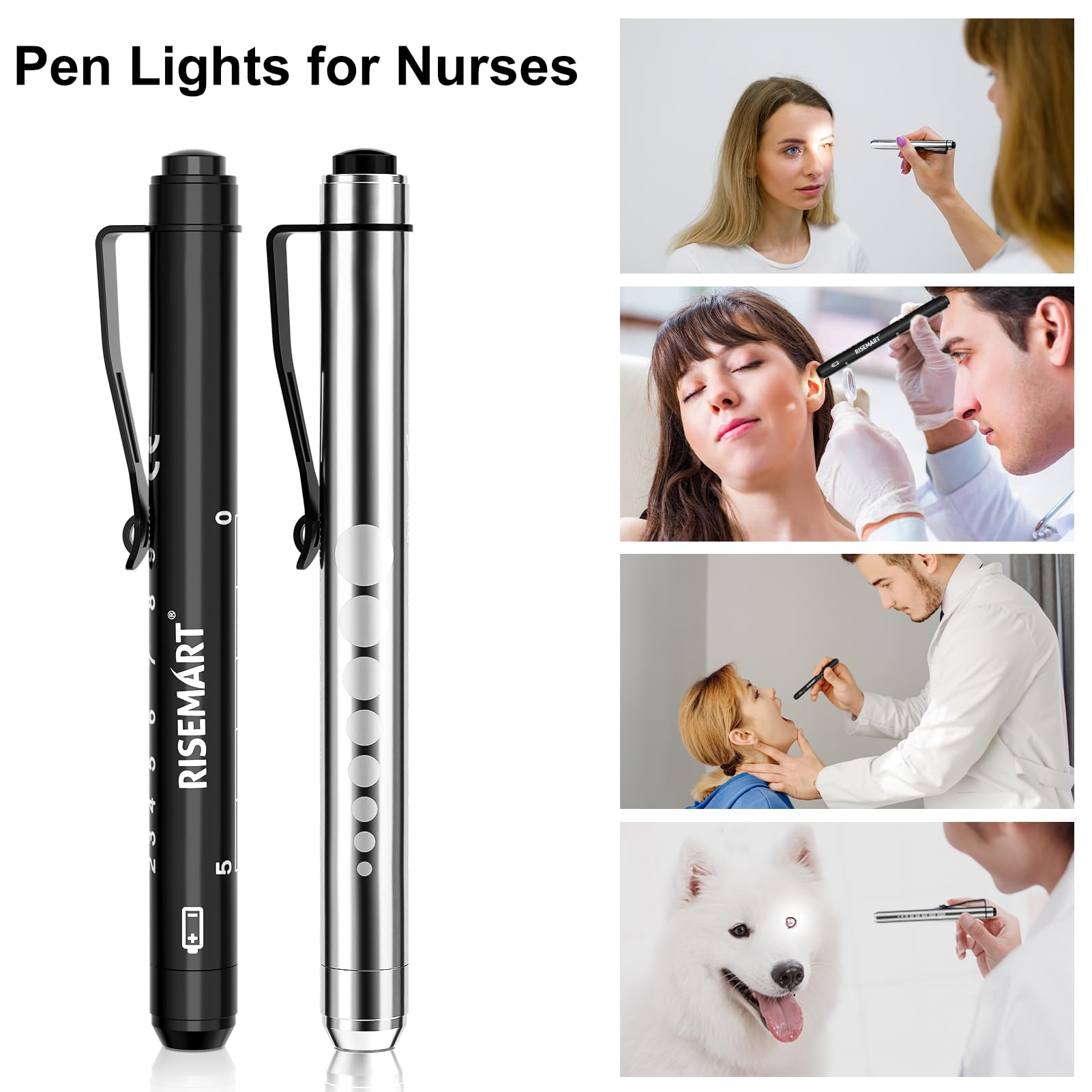 RISEMART Pen Light, Nurse Led Medical Penlight with Pupil Gauge for Nursing Students Doctors Black and Silver with Batteries