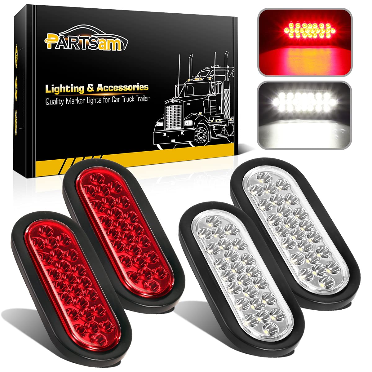 Pair Of 6 Inch Oval LED Stop/Tail/Turn Lights With Reverse Lights For RV Truck Trailer