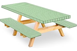 Raweao Picnic Table Cover with Bench Covers - 3 Piece Fitted Picnic Table Cover with Elastic Band and Flannel Backing, Picnic Table Cover for Outdoor, BBQ, Camping (30 X 72 Inch, Green)