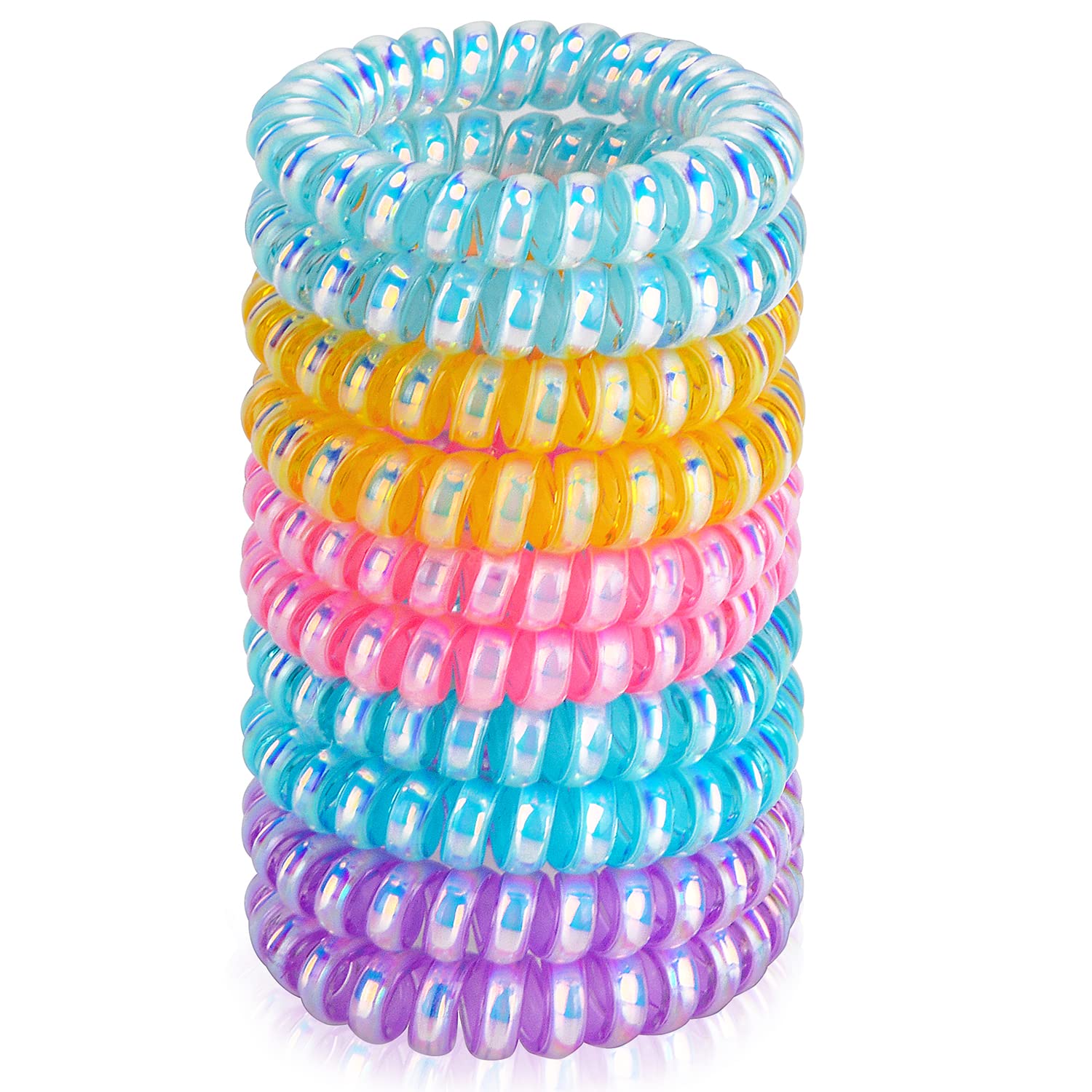 JessLab Spiral Hair Ties, 10 Pcs Traceless Phone Cord Bracelet Plastic Coil Ponytail Holders No-Damage Accessory for Girls Women Ladies, Color Assorted, Set 2