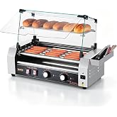 VEVOR Hot Dog Roller, 12 Hot Dog 5 Rollers, Stainless Steel Sausage Grill Cooker, 750W Commercial Hot Dog Machine with Dual Temp Control, Cover, Side Storage Box, Removable Shelf &amp; Oil Drip Tray