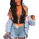 Crop Top Halter for Women Pu Sleeveless V Neck Bodycon Tank Top Bustier Lace Up Front Workout Corset Hippie Clothers