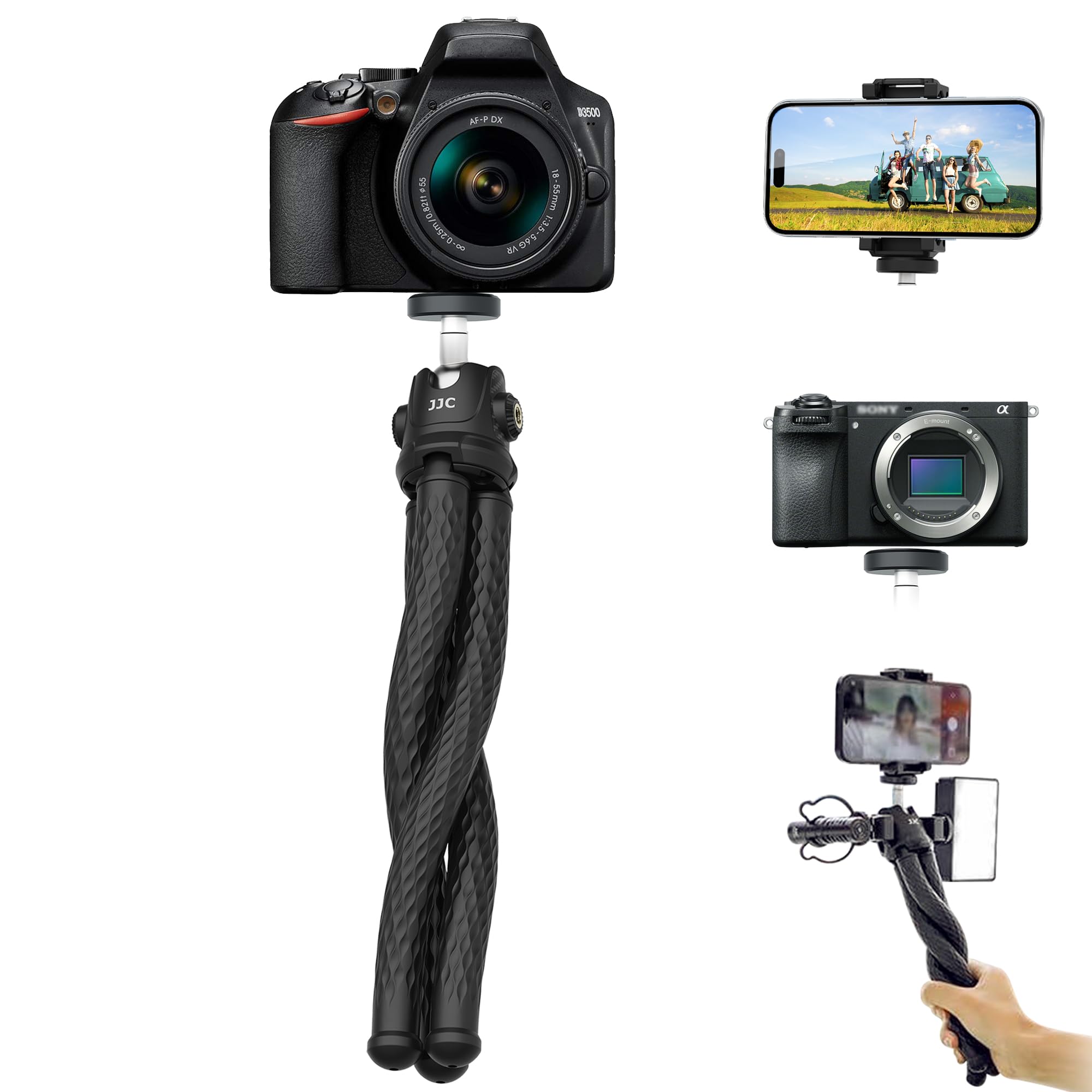 Tripod for Smartphone, Flexible Camera Tripod Standwith Phone Holder and 3 Cold Shoe Mounts, Waterproof Bendable, Mini Tripod Selfie Stick for Camera iPhone Android Phone Vlogging Travel, Black