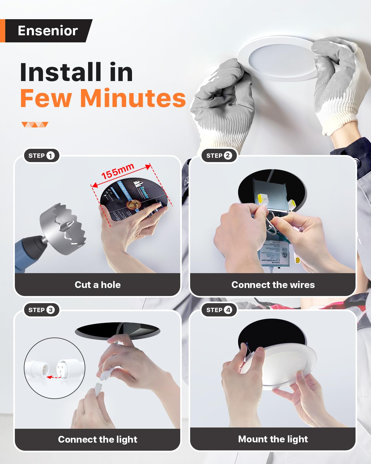 Ensenior 16 Pack Ultra-Thin LED Recessed Lighting 6 Inch 6CCT with Junction Box, 2700K-6000K Selectable, 12W 110W Eqv, Dimmable Can-Killer Downlight, 1050LM High Brightness - ETL