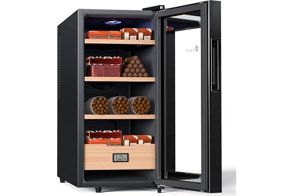 KingChii 26L Electric Cigar Humidors, Temperature Control Cabinet with Spanish Cedar Wood Shelves & Drawer Hygrometer Gifts for Men (200 Counts Capacity)