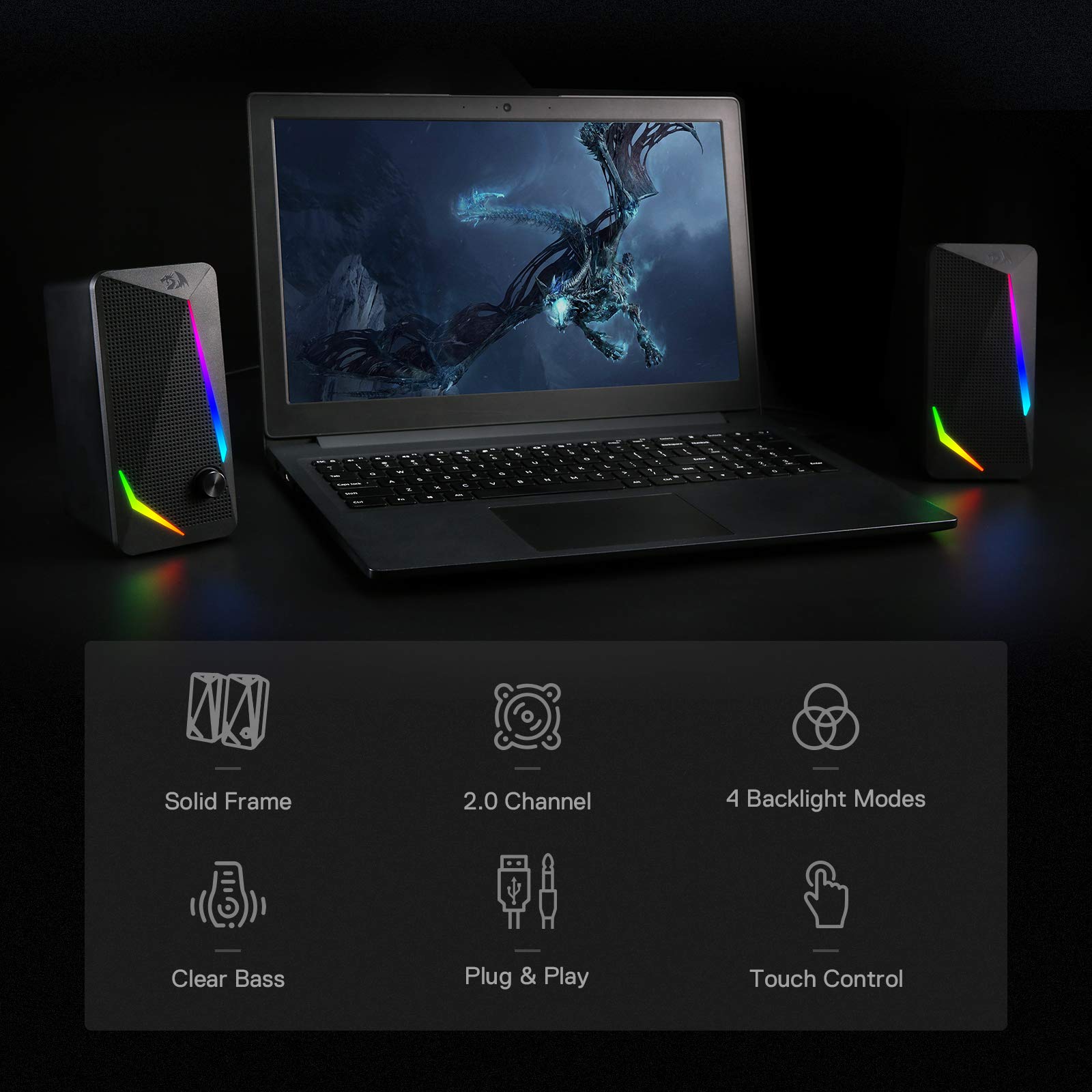 Redragon GS510 RGB Desktop Speakers, 2.0 Channel PC Computer Speaker with 4 Colorful LED Backlight Modes, Enhanced Bass and Easy-Access Volume Control, USB Powered w/ 3.5mm Cable
