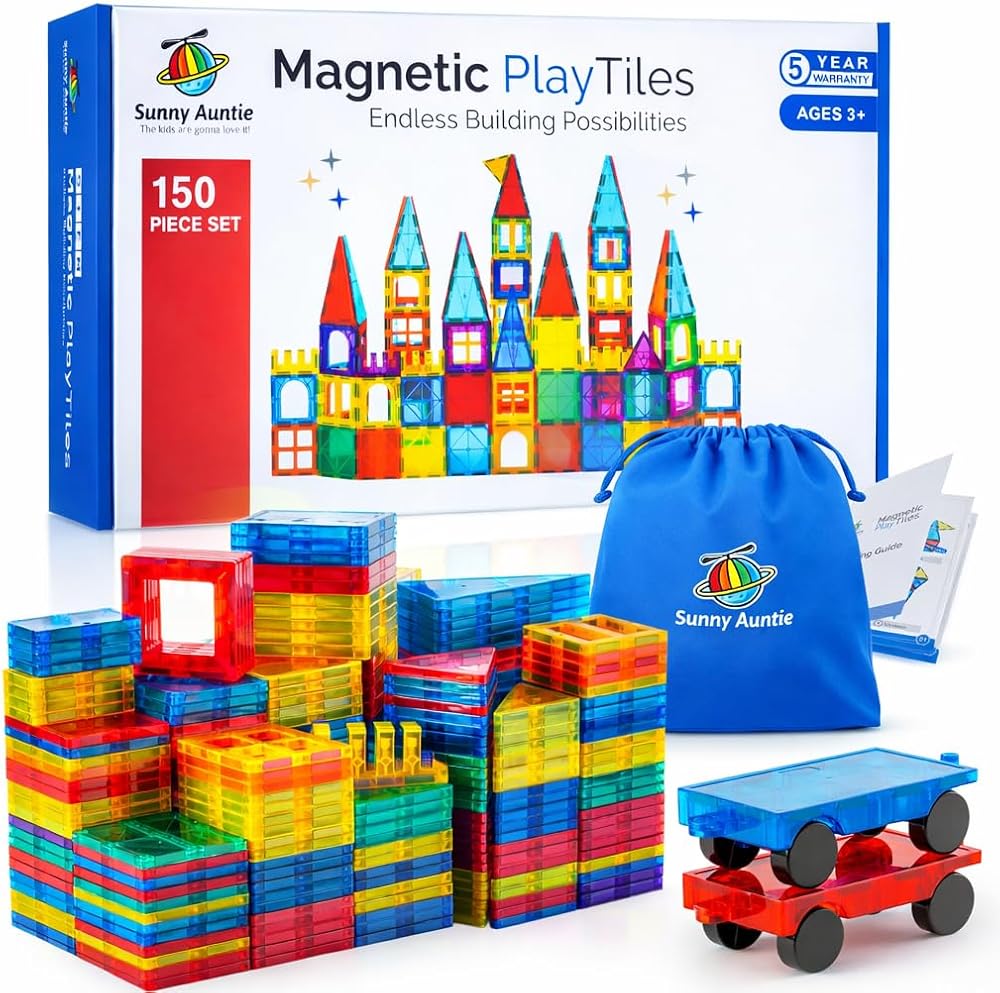 SUNNY AUNTIE Magnetic Tiles 150 Piece Set with Storage Bag STEM Toy for Kids