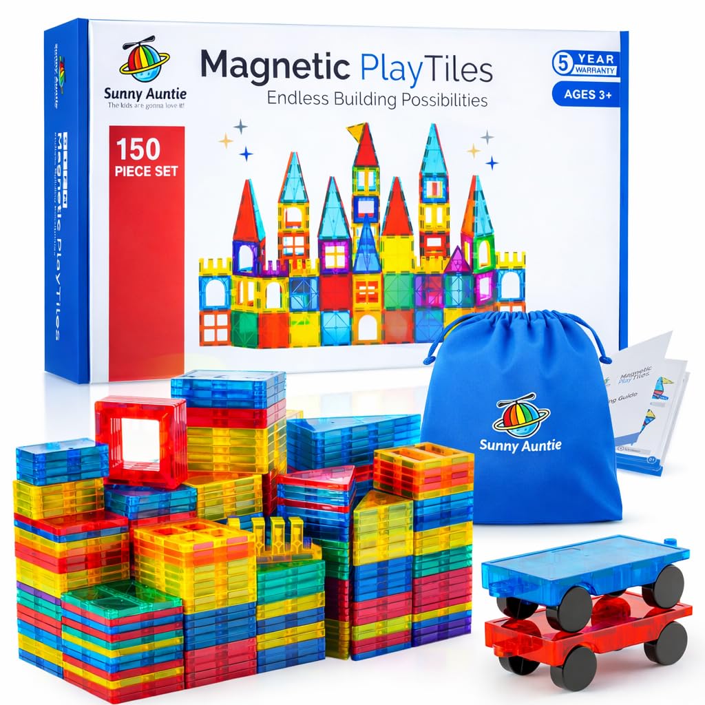 SUNNY AUNTIE Magnetic Tiles 150 PCS XL Set with Storage Bag – Magnetic Building Tiles for Kids Ages 3-8, STEM Magnet Construction Toy for Boys & Girls