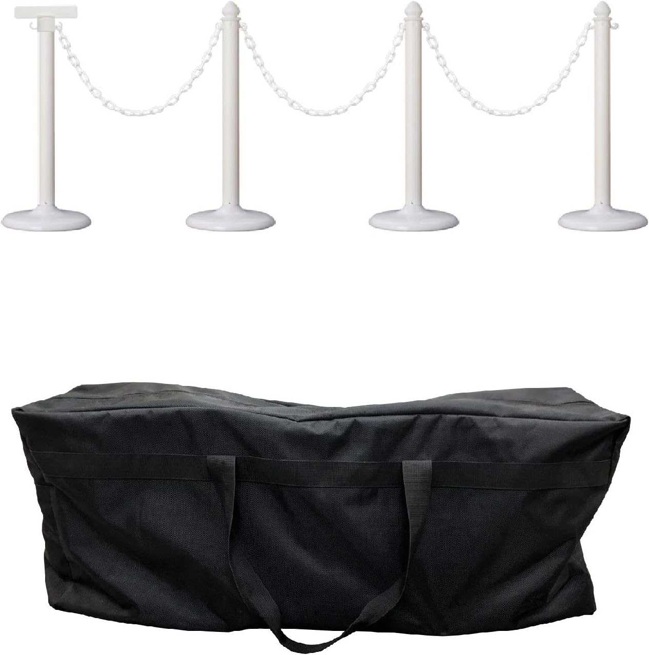 Plastic Safety Queue Stanchion Barrier Set with 32' Chain 4 PCS and C-Hook (White with New Upgraded Version +SBracket+Bag)