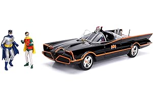 JADA TOYS Jada 98625 DC Comics Classic TV Series Batmobile Die-cast Car, 1:18 Scale Vehicle & 3" Batman & Robin Collectible Figurine 100% Metal, Black