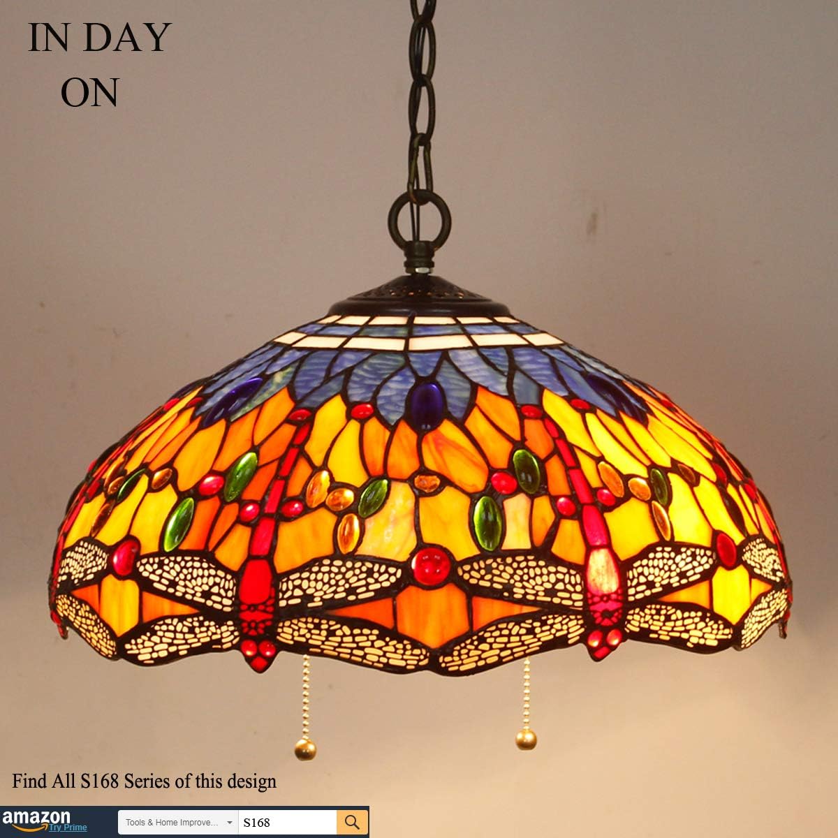 Tiffany Hanging Lamp 16 Inch(LED Bulb Included)Pendant Light Blue Orange Stained Glass Dragonfly Shade Chandelier Ceiling Fixture S168 WERFACTORY Decorate Dining Living Room Bedroom Cafe Hallway Loft - - 