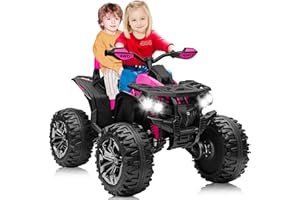 24V 2 Seater Ride on Toys, JOYRACER 4x4 Kids Quad ATV w/4x200W Powerful Engines, 9AH Battery Powered Electric Vehicle w/LED Light Bluetooth, MP3, USB, Spring Suspension, 4 Wheeler for Boy Girl, Pink