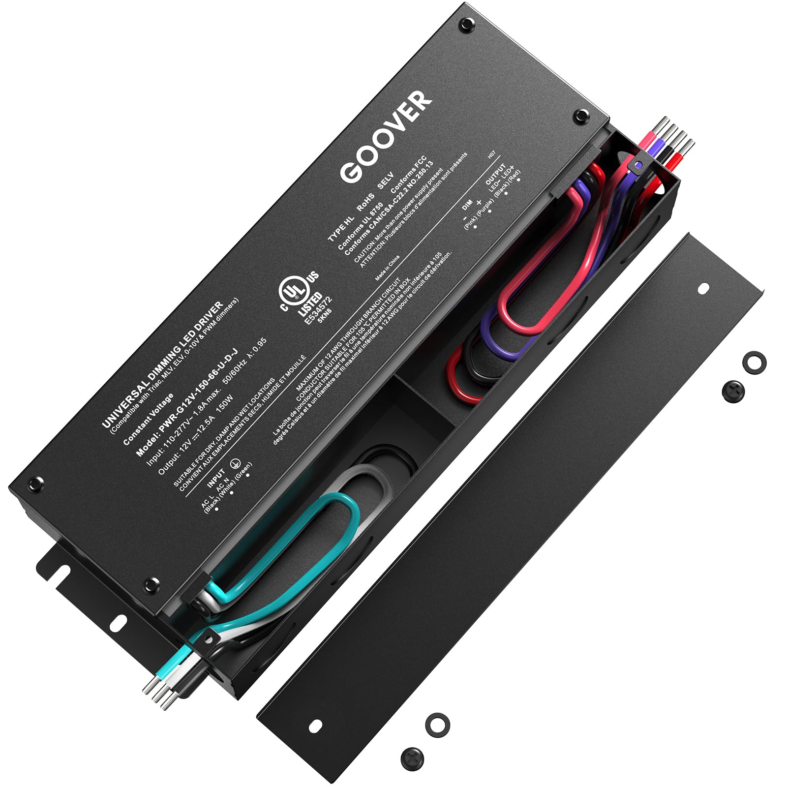 Photo 1 of GOOVER 150W Dimmable LED Driver, AC 100V-277V to DC 12V Transformer, 5-in-1 Dimming: ELV/MLV/TRIAC / 0-10V / 1-10V / 10V PWM/Potentiometer, Waterproof IP67 and UL Listed