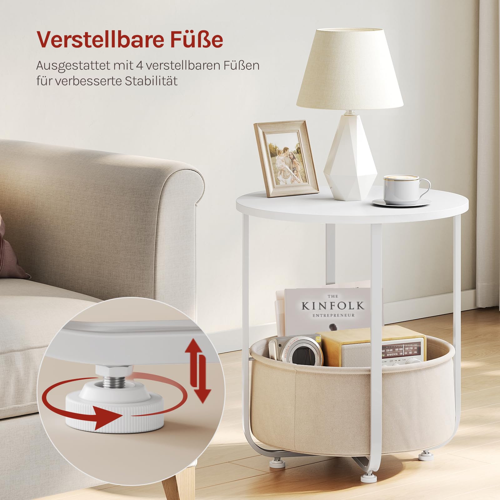 WOLTU Couchtisch rund, Kleiner Beistelltisch, mit abnehmbarem Stoffkorb, Metallrahmen, für Sofa Wohnzimmer Schlafzimmer, Weiß + Beige 6