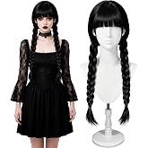 ASINWIN Gothic Black Braided Wig with Bangs, Long Twin Ponytail Wig | Long straight synthetic black wig for women, Halloween cosplay, gothic party costumes, dress-up events, and stage looks