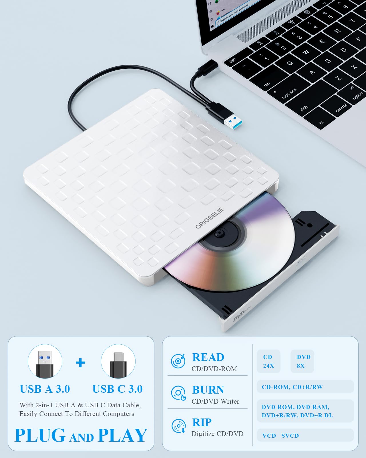 External CD/DVD Drive for Laptop, Ultra Slim 13mm USB 3.0 Type-C Portable DVD Player CD Burner Reader Writer Recorder for Desktop PC Windows 11/10/8/7 Linux Mac OS, White