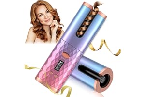 LALUZTOP Rotating Curling Iron 1 Inch, Cordless Automatic Curling Iron with Ceramic Curling Wand, 6 Heat Settings, Auto Shut-Off, Detangle & Scald-Free Automatic Hair Curler for Hair Styling, Pink Blue