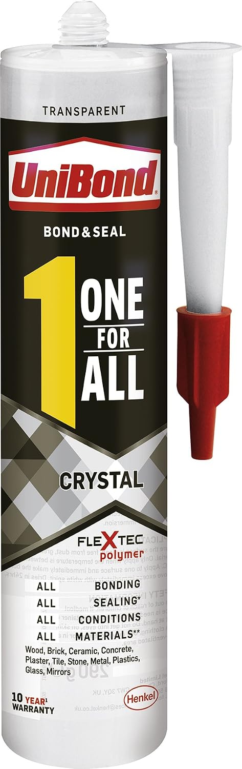UniBond One For All Crystal Adhesive & Sealant / Transparent, Strong Adhesion, All-Purpose Glue, Solvent Free / Bond, Seal, Mount, Fill / 1x 290g