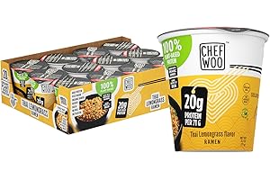 CHEF WOO Thai Lemongrass Ramen Cup High Protein Noodles (12 PACK), 20g of Animal-free, Bioavailable Protein | Made in U.S. |