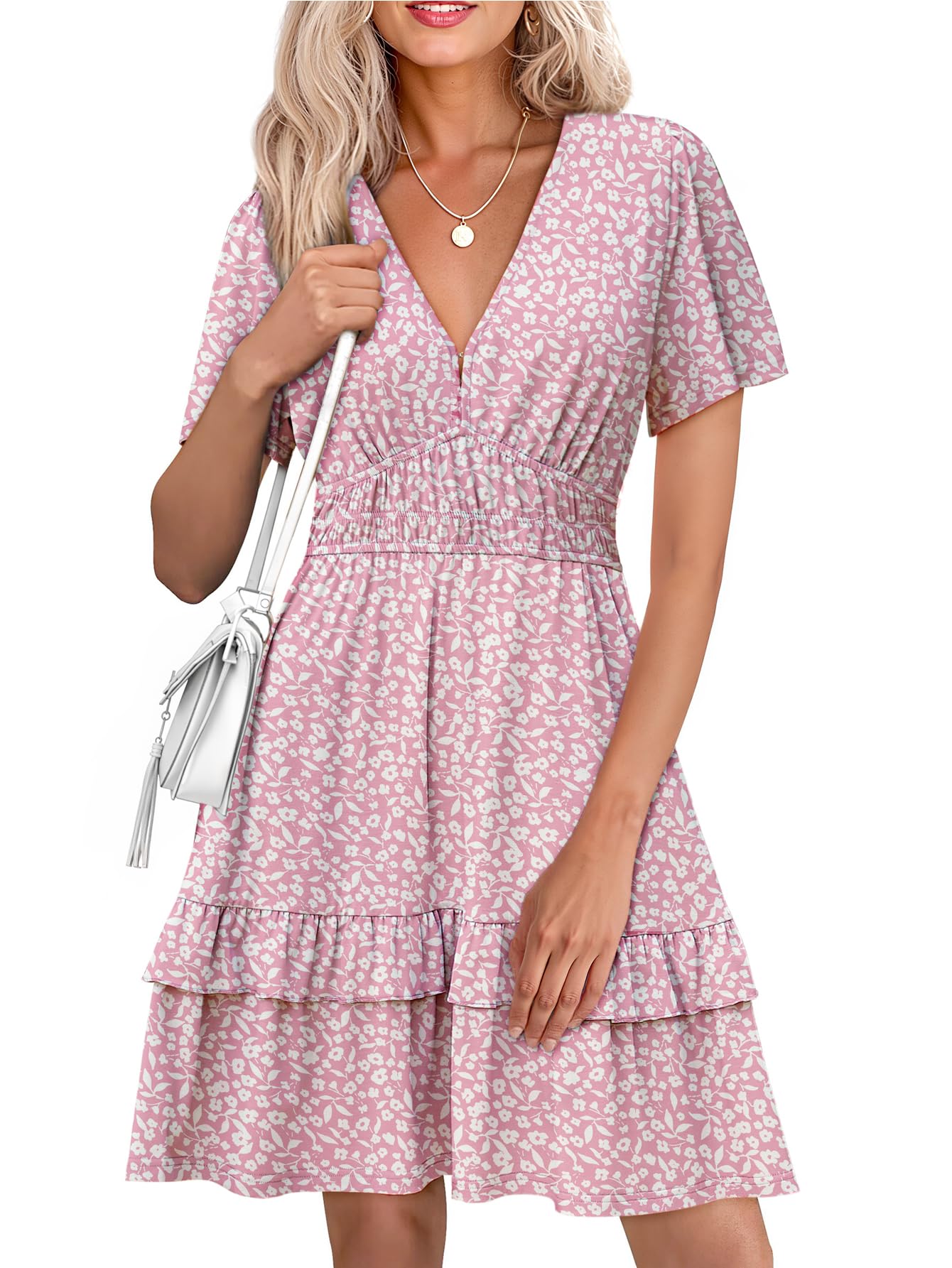 Photo 1 of Simplee Womens Floral Short Summer Dress - Empire Waist A Line Flutter Sleeve V Neck Boho Mini Dresses with Pockets Light Pink Floral,L