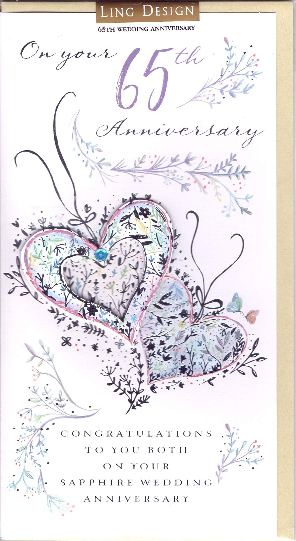 Greeting Card (LD-JA336) - 65th Wedding Anniversary - Sapphire - Entwined Hearts - Foil and Sequin Finish