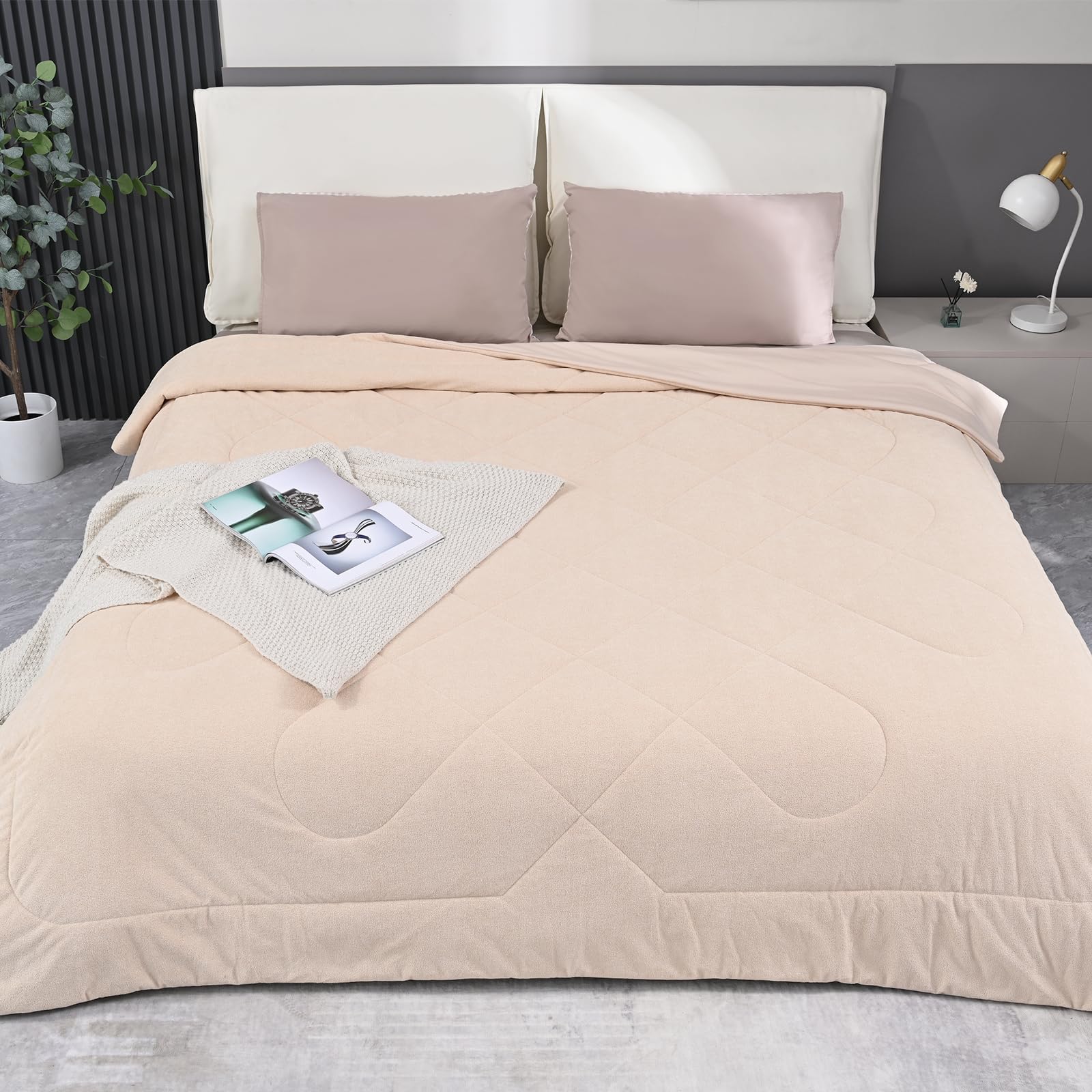 Photo 1 of Alpaca Velvet Queen Size Comforter, Reversible Camel Comforter for All Seasons, Unique Row Seam Design Quilt, Breathable and Skin-Friendly, Soft Cozy Luxury Warm Bedding - 90"X90"