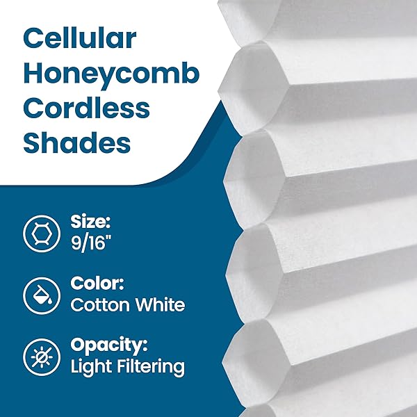 BLINDSAVENUE CELLULAR HONEYCOMB CORDLESS POLYESTER SHADE, 9/16″ SINGLE CELL, LIGHT FILTERING, WHITE, SIZE: 27″ W X 72″ H