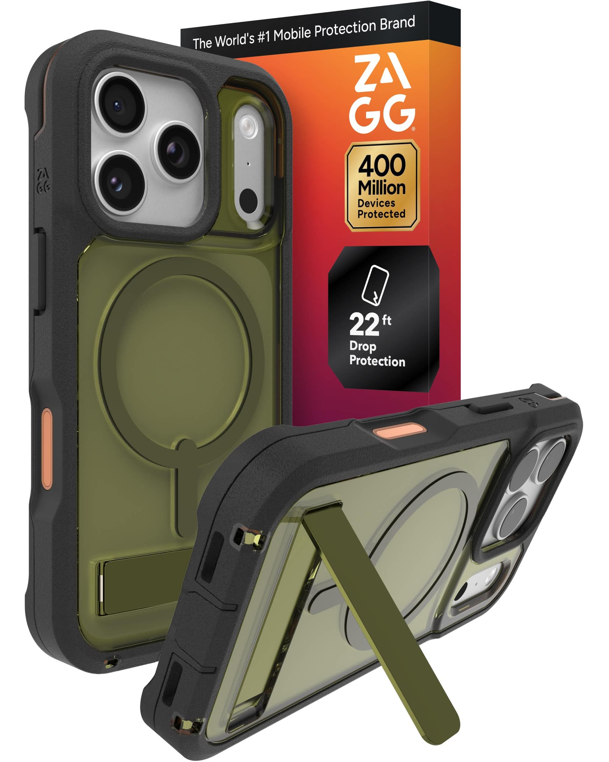 ZAGG Rainier Case with Kickstand for iPhone 17 Pro - Green Sea Kelp, Graphene 22ft (7m) Drop Protection, Lanyard Attach Points, MagSafe, Wireless Charging Compatible, 2-Piece Design, Phone Case