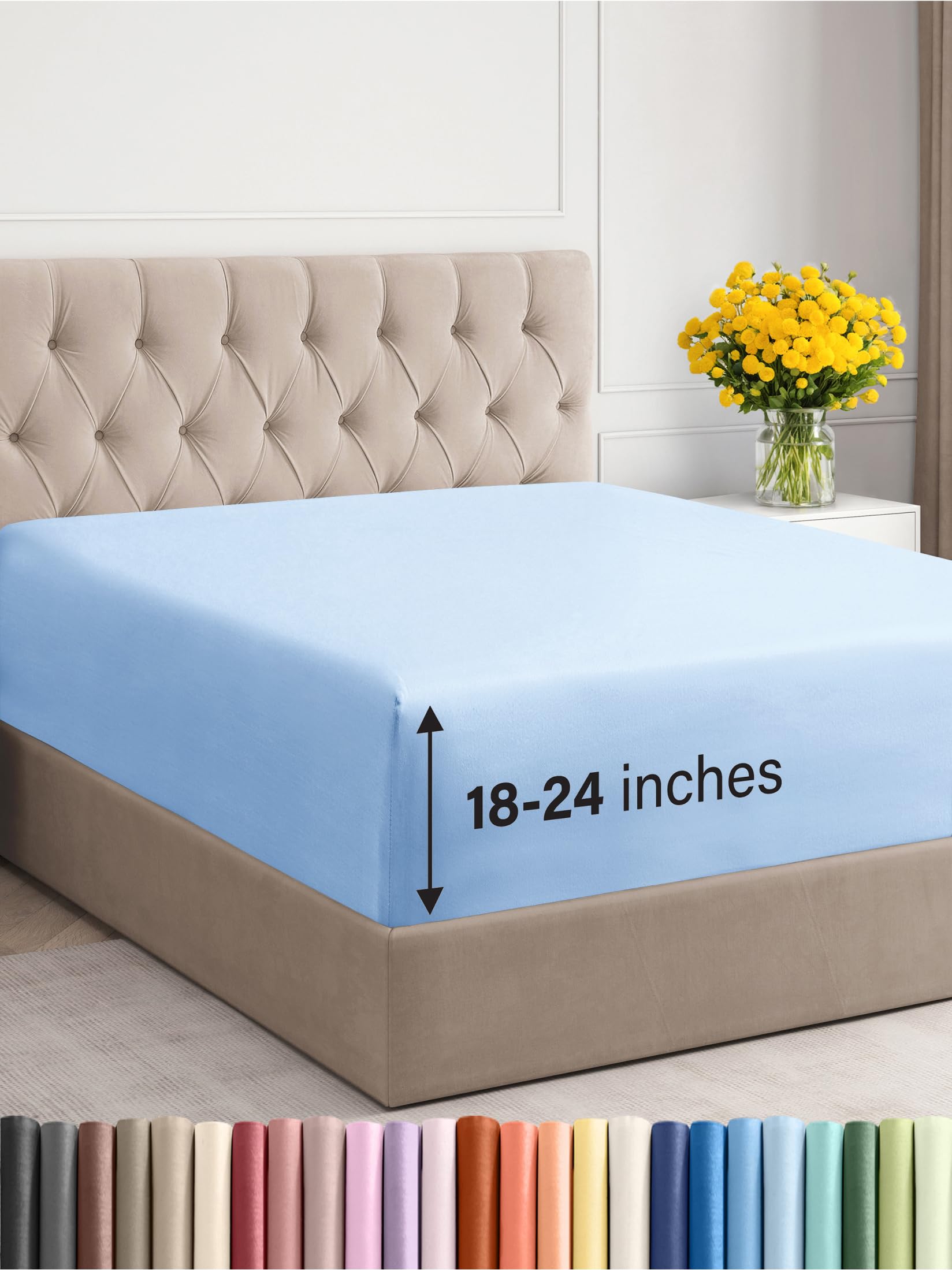 Photo 1 of Extra Deep King Fitted Sheet - Hotel Luxury Single Fitted Sheet Only - Easily Fits 18 inch to 24 inch Mattress - Ultra Soft, Wrinkle & Fade Free w/Extra Deep Pockets - Breathable & Comfy - Light Blue