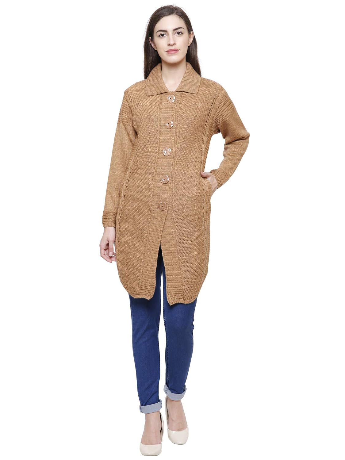 rebecca woolen long button cardigan coat for women
