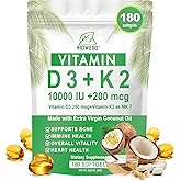 RIOWEGO Vitamin D3 + K2 w/Coconut Oil,Vegan Vitamin D 10000IU & Mk7 Vitamin K 200 mcg for Bone, Immune & Heart Support | Easy to Swallow-Non-GMO-180 Softgels