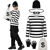 5PCS Kids Robber Costume Set,Bank Burglar Costume Shirt with Accessories,Halloween Robber Cosplay Outfits for Boys Girls