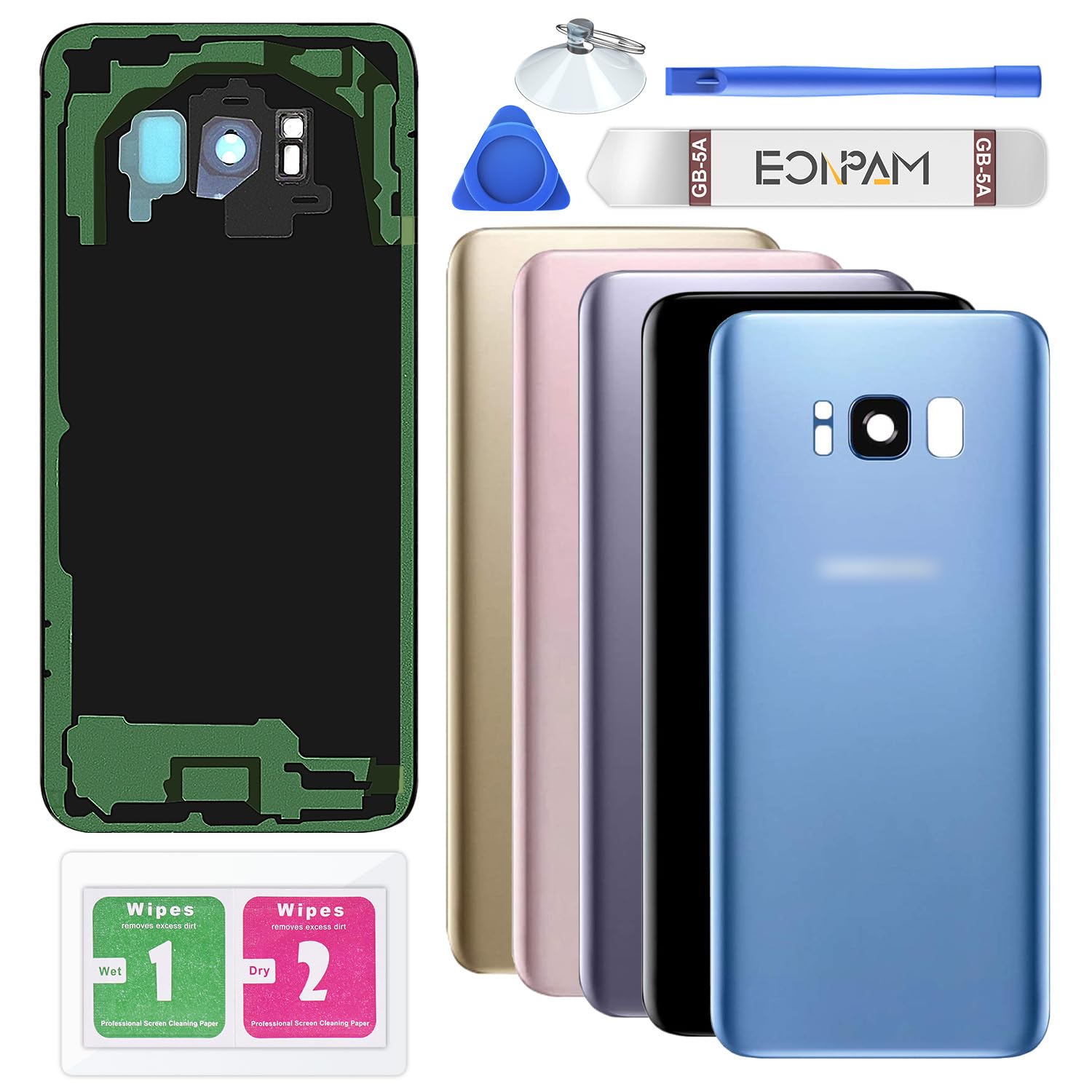 Eonpam Back Cover Glass for Samsung Galaxy S8 G950 Rear Glass Replacement with Camera Lens + Repair Kit Genuine Rear Housing (Blue)