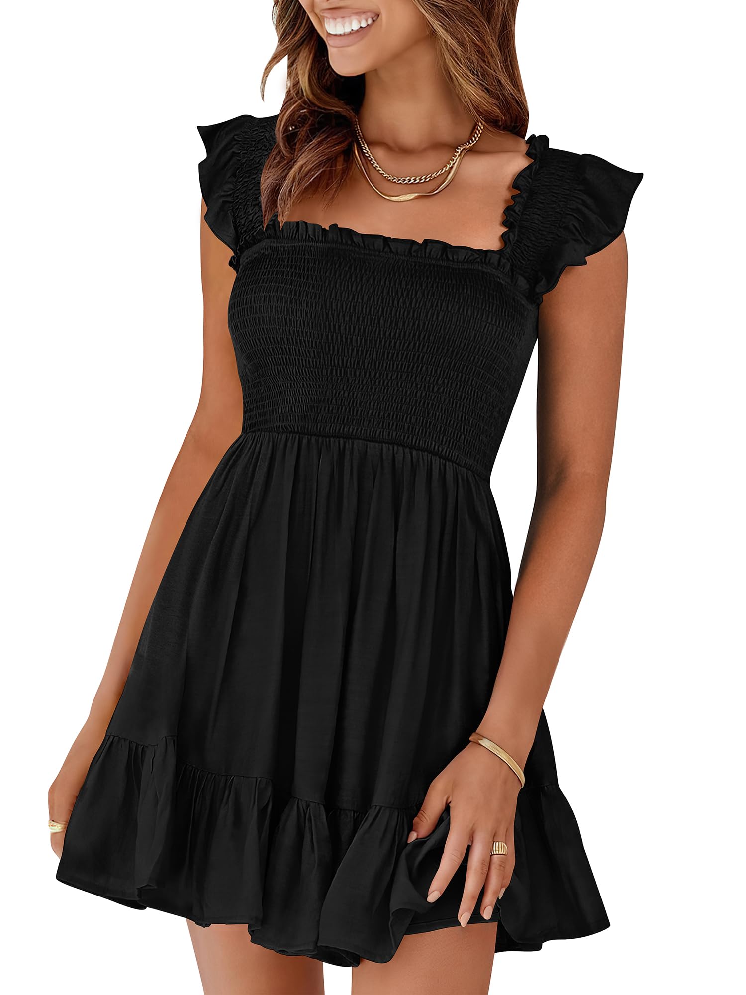 Photo 1 of Prinbara Womens Summer Casual Square Neck Smocked Short Sundress 2025 Spring Beach Vacation Flowy Cute Teen Boho Dresses Black X-Small